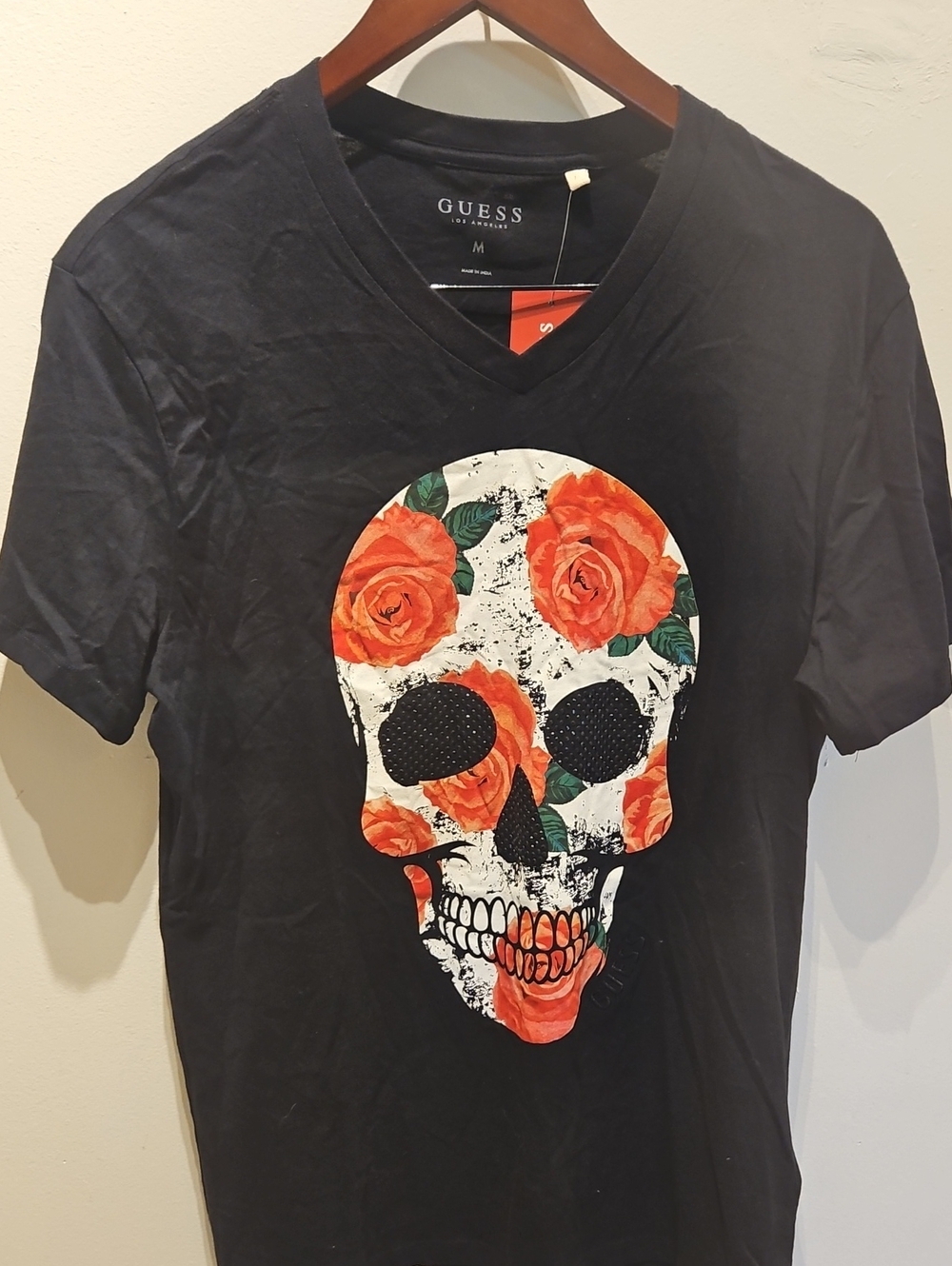GUESS Black V-Neck Tee with Red-Orange Rose Skull Graphic